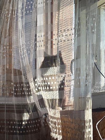 The image shows a close-up view of a translucent, patterned fabric, possibly a curtain or a shade, stretched taut. The fabric has a woven texture with a repeating geometric pattern of small squares and rectangular shapes, rendered in shades of white and grey. Sunlight filters through the fabric, creating varying degrees of illumination and casting shadows, which highlight the textured nature of the material.
Behind the fabric, a blurry background suggests an indoor or semi-outdoor setting. The elements visible are indistinct but hint at construction materials, possibly wood or rough plaster, and a horizontal line that could be a window frame or ledge. A dark, curved object, likely a cable or wire, is also partially visible against a lighter background at the top of the frame.
The lighting suggests it is daytime, with the sun's rays creating bright highlights and darker shadows on and through the fabric. The overall impression is one of a still, quiet scene, focusing on the interplay of light and texture on the fabric. No people are visible, and no text is apparent in the image. The context provided of Yanevo, Russia, does not offer specific visual cues within the image itself.