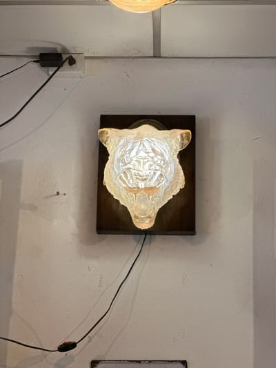 A close-up, overhead shot captures a unique wall-mounted light fixture. The fixture consists of a textured, translucent glass shade that appears to be molded into an organic, almost animalistic shape, possibly resembling a bear's head. The glass has a warm, amber glow, emanating from a light source within. This illuminated shade is mounted on a dark, rectangular wooden backing, which is affixed to a textured, off-white wall. A black power cord snakes away from the fixture, connecting to a black power adapter plugged into a white electrical outlet on the wall to the left. Another black cable extends from the fixture, ending in a small, oval inline switch with a red button. The wall itself shows some imperfections, including faint marks and what appear to be water stains or discoloration in places, suggesting the setting might be a bit aged or lived-in. The lighting is artificial, creating shadows and highlighting the textures of the wall and the glass shade. The overall scene is dimly lit, with the light fixture being the primary source of illumination in the frame. There is no visible text in the image.