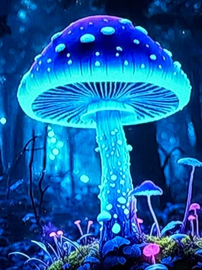 The image depicts a close-up, digitally enhanced view of bioluminescent mushrooms in a dark, mystical forest setting. The main subject is a large, brightly glowing mushroom with a deep purple cap speckled with light blue spots. The underside of the cap reveals radiating gills illuminated in a vibrant aqua and blue light. The stem of this mushroom is also speckled and glows with a similar aqua luminescence. Surrounding the large mushroom are smaller, less prominent mushrooms, some with pinkish caps and stems, also emitting light. The environment is dark, with blurred blue and black shapes suggesting trees or foliage in the background. Small, glowing orbs are scattered throughout the scene, adding to the ethereal atmosphere. The overall impression is one of a magical, otherworldly nocturnal landscape.

There is no information in the image that indicates a location in the city of Nesebar, Bulgaria.