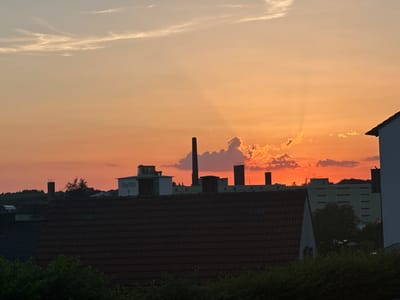 This is a photograph of a sunset over Mainburg, Germany. The sky is filled with vibrant shades of orange and pink, with thin, wispy clouds scattered across the horizon. In the foreground, the dark, tiled roofs of houses are visible, partially obscured by lush green foliage.
Behind the houses, a cluster of industrial buildings and smokestacks stand silhouetted against the colorful sky. One building prominently displays the "BayWa" logo, a company specializing in agricultural products and services. The presence of these structures suggests an industrial or commercial area within Mainburg. The overall scene captures a serene moment as day transitions into night, with the warm glow of the sunset illuminating the urban landscape.