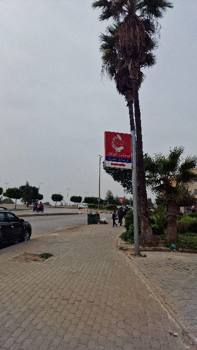 The image depicts an overcast urban street scene in Fez, Morocco. A wide, multi-lane paved road runs from the foreground to the mid-ground on the left and center, bordered by a pedestrian sidewalk constructed of grey interlocking pavers on the right.
In the mid-ground on the right, a tall, red rectangular sign with white Arabic text and a white circular logo is mounted on a pole. The sign indicates "Koukar Laboratory" (مختبر كوكار) and "for laboratory analysis," with a blue section below containing an arrow pointing right and text stating "Public Hospital" (مستشفى عمومي). Immediately to the right of the sign, two dark green municipal trash bins are visible, overflowing with refuse, primarily white plastic bags.
Several tall palm trees with dense, dry fronds stand prominently on the right side, extending vertically beyond the frame. Smaller green palm trees and low-cropped bushes are also present along the sidewalk. A dark-colored sedan is partially visible parked on the far left side of the road in the foreground. Further down the road, a person on a motorcycle is observed, and other vehicles are in the distance. Two individuals, appearing as an adult and a child or two adults of differing heights, walk away from the viewer on the sidewalk near the trash bins. The sky is uniformly light grey, suggesting an overcast condition. The setting indicates a major urban thoroughfare in Fez, specifically near a public hospital, as directed by the street signage.
