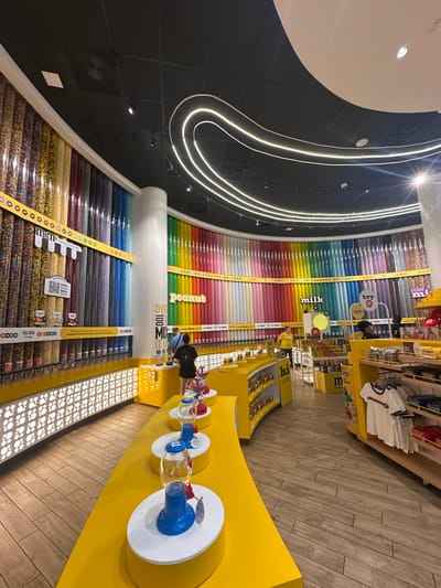 The image shows the interior of an M&M's store, presumably the one located in Lake Buena Vista, United States. The walls are lined with rows of colorful M&M candies in clear tubes. A customer is selecting their own color combinations to fill a container with M&M's. A display showcases the various M&M's colors and flavors that can be selected. The interior of the store is brightly lit, with yellow as a dominant color in the displays and fixtures. There are also M&M's branded merchandise on shelves.