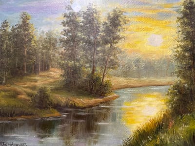 This is an oil painting on canvas depicting a serene landscape with a river flowing through a wooded area. The sun is setting or rising, casting a warm, golden light across the scene. The sky is a blend of purple, blue, and yellow hues, with clouds illuminated by the sun. Tall trees with dense foliage line the banks of the river, with some appearing to be deciduous and others evergreen. The river's surface reflects the colors of the sky and the surrounding vegetation, with gentle ripples disturbing the water. The foreground features tall grasses and some small wildflowers along the riverbank. The overall impression is one of tranquility and natural beauty. The signature at the bottom left corner reads "К. Батюшкова 2017", indicating the artist and the year of creation. There are no people visible in the painting. The painting does not contain any specific elements that identify it as being located in Podolsk, Russia.