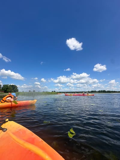 In the city of Valozhynski Selski Sovet, Belarus, on a bright, sunny day with a clear blue sky and scattered white clouds, a group of people are kayaking on a calm, dark blue lake. In the foreground, the orange front of a kayak is visible, angled towards the left. Further out on the water, a person wearing an orange life vest and a blue cap is paddling an orange kayak. Beyond this, a line of several other kayaks, some red and some yellow, are spread across the lake, with multiple individuals visible in each. The background features a distant treeline of dense green foliage and a strip of reeds along the shore. The water's surface is rippled and reflects the sky.