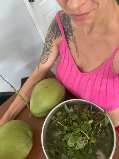 This is a close-up, top-down shot of a person wearing a pink cable-knit tank top. Their arm, adorned with a black tattoo of foliage, is visible. In front of them, a metal bowl overflows with fresh, green watercress. To the right of the bowl sit two light green, oblong fruits, possibly coconuts. The setting appears to be a kitchen or dining area, with a light-colored countertop and a darker wooden surface. The lighting is natural and suggests daytime. The overall mood is casual and domestic, with the focus on fresh produce and personal adornment. There is no visible text in the image. The location context provided is Buenos Aires, Peru.