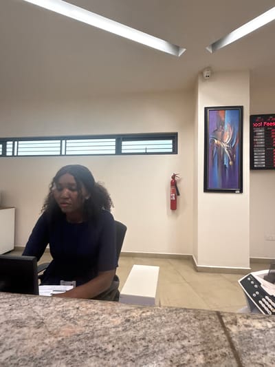 The image shows a woman sitting at a desk in what appears to be an office or reception area. She has dark curly hair and is wearing a dark blue shirt. She is looking down at some papers on the desk and seems focused on her work.
In the background, there is a painting on the wall, a fire extinguisher, and a display board with some information on it. The display board has red LED lights and appears to show currency exchange rates or fees, with text like "School Fees" and "Exchange Rate." There are also two windows with white blinds and a CCTV camera mounted on the ceiling. The room has a modern and clean aesthetic with light-colored walls and sleek furniture.
The overall impression is that of a professional environment, likely a business or educational institution in Epe, Nigeria. The lighting suggests it is daytime.