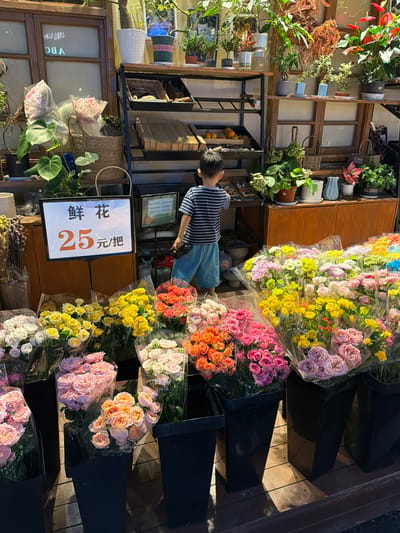 This media file depicts an outdoor flower stall in Chongqing High-tech Zone, China. The scene is illuminated by natural light, suggesting it is daytime, possibly late afternoon given the shadows.

The primary subjects are bouquets of roses and other flowers displayed in clear plastic wrapping, arranged in black tiered planters. The flowers are in various vibrant colors, including pink, yellow, orange, and white. Behind the flowers, a person wearing a striped shirt and blue pants is partially visible, appearing to be attending to the stall.

Visible objects include potted plants on shelves, wooden shelves and structures that form the stall, wicker baskets, and various decorative items. A sign with Chinese text is prominently displayed, featuring the characters "鲜花" (xiānhuā, meaning fresh flowers) and "25元/把" (25 yuán/bǎ, meaning 25 yuan per bunch). Other signs with Chinese characters are visible on some of the potted plants and on a digital display screen.

The overall impression is that of a bustling flower market or shop, with a wide assortment of colorful flowers for sale. The setting appears to be a street-side stall, with wooden decking and dark planters creating a rustic yet organized display. There are no clear indications of the weather or specific emotions, but the abundance of flowers and the presence of a vendor suggest a lively commercial environment.