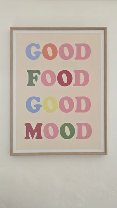 The image shows a framed poster with colorful text that reads "GOOD FOOD GOOD MOOD" in a retro font. The poster is hanging on a plain, off-white wall, which appears to be textured. The frame of the poster is a light wood. There are no people or actions depicted in the image. The lighting suggests an indoor setting, possibly a home or a cafe. The location in the city of Kilkenny, Ireland, is not ascertainable from the visual information provided.