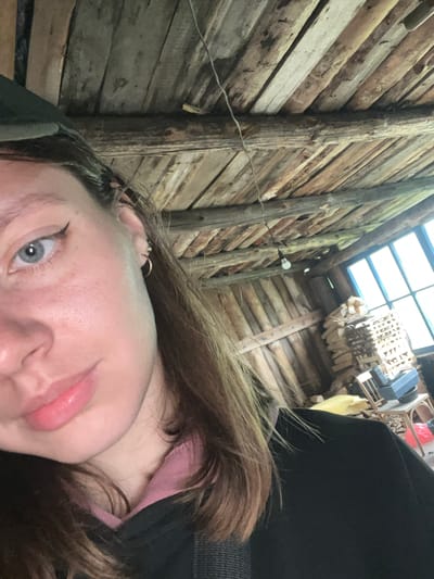 The image is a close-up selfie of a young woman with light blue eyes, light skin, and brown hair. She is wearing a black hoodie with a pink lining and a dark green cap. Her makeup includes winged eyeliner and lip gloss. She is indoors, in what appears to be a rustic wooden structure with a beamed ceiling and wooden walls. Natural light streams in from a window in the background, illuminating a stack of firewood and some furniture. The overall impression is casual and unposed. The location is not specified, but the overall aesthetic is consistent with rural or older buildings in regions with a tradition of wooden construction. There is no information available about the city of Nizhny Tagil, Russia, in this image.
