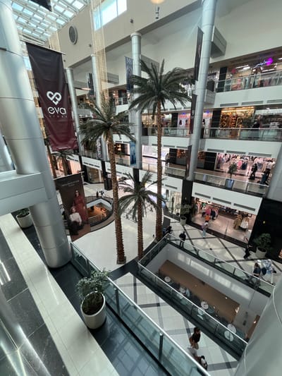 The media file presents a high-angle view looking down into the central atrium of a multi-story shopping mall, located in Kafr Sousa Municipality, Syria. The scene is brightly lit, suggesting daytime.
The setting is a modern indoor shopping environment featuring multiple levels of stores with glass storefronts. Shoppers and other individuals are visible on various floors, walking along the walkways, near store entrances, and on escalators or stairs.
Dominant objects in the center of the atrium are three tall, slender palm trees, their fronds extending upwards. Several large banners hang vertically between the floors, advertising various brands or events. The mall's architecture includes polished floors with a mix of light and dark tiles, glass railings, and metallic structural elements. Decorative string lights are suspended across the upper reaches of the atrium, and potted plants add greenery to the lower levels.
Visible text includes:
* "eva STORE" and its associated logo (repeated on multiple banners).
* "FROM PAST FOFUTURE" appearing on an "Eva Store" banner.
* "BONGH" (likely part of a store name like BONGHART or similar).
* "CIZZEY" (repeated, likely a store name).
* "TORE" (possibly part of a store name or the word "STORE").
* Fragmented text like "MB" and "TO BRI".