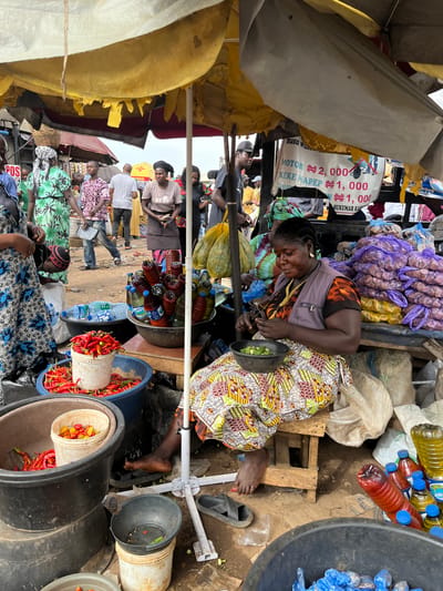 The image captures a vibrant scene at an outdoor market in Rafin Par, Nigeria. In the foreground, a woman is seated on a wooden stool, meticulously preparing food, likely okra, as evidenced by the bowl of green pods in her lap. She is wearing a colorful, patterned dress and a dark vest. To her right, several bottles of oil and water are neatly arranged, alongside large sacks of produce, possibly onions, wrapped in purple plastic. A variety of chilies, both red and yellow, are prominently displayed in large plastic tubs and buckets, indicating their availability for sale.
In the background, other market-goers are visible, engaged in their daily activities. A woman in a green patterned dress, possibly a vendor, stands to the left, while others are seen browsing or moving through the bustling marketplace. The market is shaded by a large yellow tarp, offering respite from the sun. A sign advertising prices for "MOTOR" and "KEKE NAPEP" is also visible, suggesting the presence of transportation services for hire. The ground is dirt and scattered with debris, typical of an open-air market environment. The overall atmosphere is one of lively commerce and everyday life in a Nigerian town.