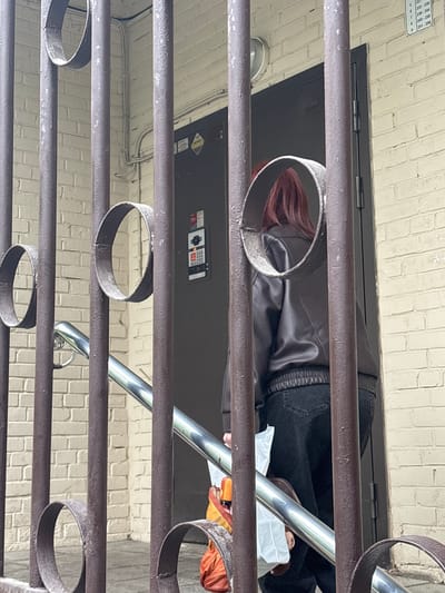 A medium shot, taken from below through brown metal railings, reveals a person outside a door in Novoe Devyatkino, Russia. The person, partially obscured by the railings, has red hair and is wearing a dark leather jacket and black jeans. The individual appears to be holding a white bag or package. The door is dark gray and has a keypad on the wall next to it. The background consists of a beige brick wall. The lighting suggests it is daytime. A ramp with silver railings extends upward behind the person.