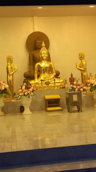 The image displays a religious setting, likely a temple or shrine, with multiple golden Buddha statues. The statues are arranged in different poses: one is reclining, and others are standing. The reclining Buddha is large and centrally placed, with a halo or decorative element behind its head. Smaller standing Buddhas are positioned in front of and behind the reclining figure. The statues are adorned with garlands of pink and white flowers. To the right of the central reclining Buddha, there are two tiered structures, one a simple yellow bench-like object and another a more ornate grey cabinet with a small opening. The floor appears to be tiled and reflective, possibly marble or polished stone. The walls are a light, neutral color, illuminated by warm lighting, suggesting an indoor environment. The overall atmosphere is serene and reverent. The image is oriented vertically, with the top of the frame to the left. The location is specified as Koh Phangan, Thailand, which aligns with the presence of Buddha statues and the tropical or subtropical lighting. There is no visible text in the image. The time of day is indeterminate due to the artificial lighting.