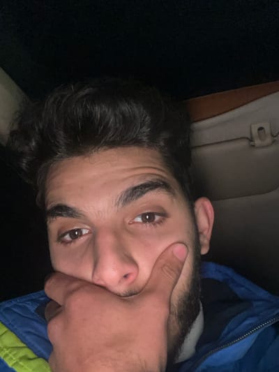 A young man stares directly into the camera, a hand partially covering his face. He has dark hair, striking eyebrows, and brown eyes. He appears to be in a vehicle, given the interior visible in the background. The lighting is dim, casting shadows across his face. He seems relaxed and self-aware. Part of a blue and green jacket is also visible.