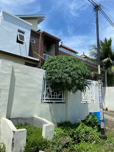 The image shows a street scene in Banda Aceh, Indonesia, on a clear day with a blue sky and scattered clouds. The foreground is dominated by a section of a light-colored concrete wall and a small, overgrown planter box. A lush, green tree with dense foliage stands next to the wall, partially obscuring decorative white metal fencing.
Behind the wall, modern houses with multi-level architecture are visible. One house has a white exterior and a brown upper section, featuring various windows, including an open casement window. Another house behind it has a reddish-tiled roof. A utility pole with numerous wires stands to the right of the frame, adorned with several paper advertisements. A blue plastic bin is situated near the base of the utility pole, partially covered by vegetation. Palm trees are visible in the background, suggesting a tropical climate. The overall impression is one of a residential area in a developing city.