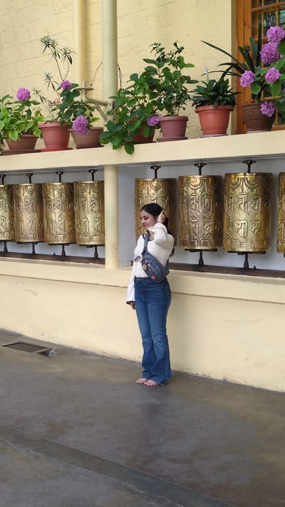 A vertically-oriented eye-level shot shows a woman with dark hair wearing jeans and a long-sleeved white top standing barefoot next to rows of golden Tibetan prayer wheels in Dharamshala, India.

The woman stands adjacent to a wall lined with several rows of horizontally aligned, golden prayer wheels. She is looking down and to her left, with her left hand raised and her right hand holding her left arm near her chest. She wears a blue bag at her waist and carries a pair of sunglasses.

To the left of the prayer wheels, flowers and leafy green plants in terracotta pots are placed atop the wall.

To the right of the woman and prayer wheels is a tan-colored wall with a gray concrete floor. There is a grate at the bottom of the wall.