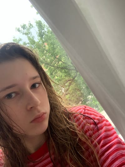 A close-up selfie taken in Vozdovac Urban Municipality, Serbia, features a young person with long, wavy brown hair, oriented diagonally in the frame. The subject's face is partially visible, showcasing light skin, expressive gray-blue eyes, and pinkish lips, with a calm and neutral expression. They are wearing a garment with distinct red and pink stripes.

The background reveals a mix of interior and exterior elements. A significant portion of the left and top of the image (as presented) is occupied by a smooth, light gray or white interior surface, possibly a window frame, ceiling, or a component of a vehicle. Through an opening or window, lush green foliage from trees or bushes is visible against a bright, light-colored sky, indicating that the photo was taken during the daytime. The lighting suggests a clear or partly cloudy day. The image has a casual, intimate feel characteristic of a selfie. There is no visible text.