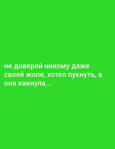 The image is a bright green screen with white text in Russian. The text is displayed in three lines, all left-aligned. The first line reads: "не доверяй никому даже" which translates to "don't trust anyone even". The second line reads: "своей жопе, хотел пукнуть, а" which translates to "your ass, wanted to fart, and". The third line reads: "она качнула..." which translates to "she swayed...". The text appears to be a humorous or ironic statement, possibly a joke or a meme. There are no people, objects, or scene depicted in the image, only the text overlaid on a solid green background. The setting is likely a digital environment, given the plain background and overlaid text. There are no indicators of time of day, weather, or specific location beyond the provided context of Biryusinsk, Russia, which is not visually represented in the image itself. The emotion conveyed by the text is lighthearted and potentially a bit crude.