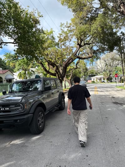 A man walks on a sidewalk near a gray Ford Bronco. The street is lined with trees, one of which has large, sprawling branches extending over the vehicle. Across the street, houses with red-tiled roofs and palm trees are visible. A stop sign is also visible at an intersection. The day appears bright with a mix of clear sky and clouds.