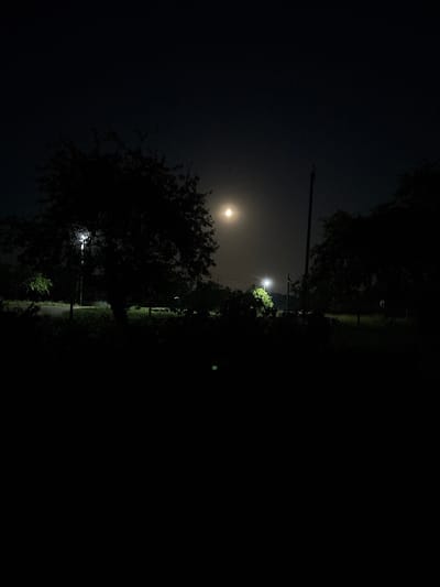The image depicts a dark, rural outdoor scene at night, likely in the Відзаўскі сельскі Савет, Belarus. A full moon is visible in the sky, casting a faint glow. Silhouetted trees and foliage dominate the foreground and midground. A single street lamp illuminates a small patch of green, likely grass or bushes, to the left of center. Another faint light, possibly a distant streetlight or a porch light, is visible in the distance to the right. A thin utility pole stands tall against the night sky in the right midground. The overall impression is one of quiet stillness and darkness, characteristic of a rural night.