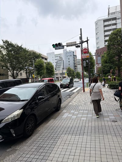The image shows a street scene in Chuo, Japan, on an overcast day. In the foreground, a black hybrid car is parked on the left side of the frame, partially obscuring the sidewalk. The sidewalk is paved with light-colored square tiles and is wet, suggesting recent rain. A woman is walking away from the camera on the sidewalk, wearing a white t-shirt, brown pants, and brightly colored sneakers. Behind her, other pedestrians, including a child, are visible further down the sidewalk.
The street itself has multiple lanes of traffic. A black taxi and a red minivan are visible driving on the street, along with other vehicles in the distance. Traffic lights are visible, with one displaying a green signal. A fire hydrant sign is mounted on a pole, with Japanese text and an arrow indicating a direction. The background features several multi-story buildings of various architectural styles, interspersed with lush green trees. The overall impression is a typical urban environment in Japan on a cloudy day.