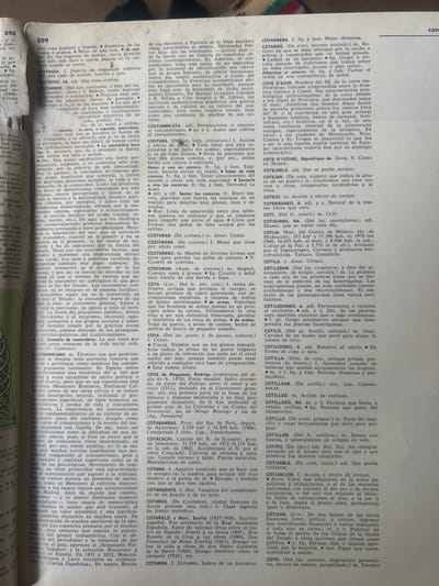 This is a close-up, eye-level, medium shot of an open book with a dictionary or encyclopedia layout. The pages are filled with dense, black text in Spanish. The paper is aged and slightly yellowed. The lighting appears to be overhead and even, with no harsh shadows. The book is lying flat, suggesting it is being read or referenced. There are no people visible in the frame. The context of Santa Ana, Venezuela, is not present in the image.