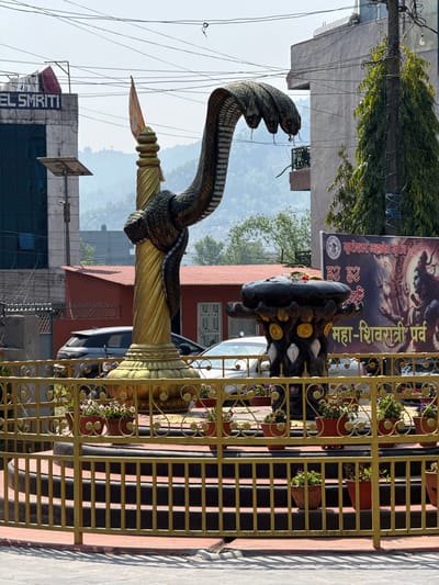 The image shows a monument with a two-headed snake entwined around a golden pillar, located in Pokhara, Nepal. A golden fence stands to the right of the monument, with potted plants visible behind it. A poster with the words "महा-शिवरात्री पर्व" (Maha-Shivaratri Parva) can be seen above and behind the monument. Buildings are in the background, including one with the partial text "EL SMRITI". Power lines crisscross in the sky above the monument.