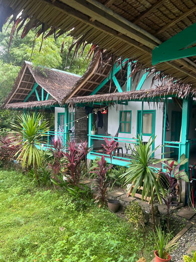 The image depicts a tropical bungalow with a thatched roof and vibrant turquoise trim, situated in General Luna, Philippines. The bungalow appears to be a guest house or accommodation, with a porch featuring a railing and string lights. Lush green vegetation, including palm trees and red-leafed plants, surrounds the building. In the background, bamboo trees are visible. The scene is peaceful and evokes a sense of tropical retreat.