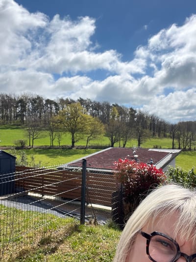 A sunny outdoor scene features a light-skinned person with blonde hair and glasses in the upper right corner. To the left is a view of a green landscape with a line of trees bordering a bright green field, punctuated by several other trees. A building with a red-brown roof is visible, and a bush with red and white flowers is next to the woman. A metal fence is running along the bottom right of the image. The sky is a bright blue with fluffy white clouds. The location is Chambœuf, France.
