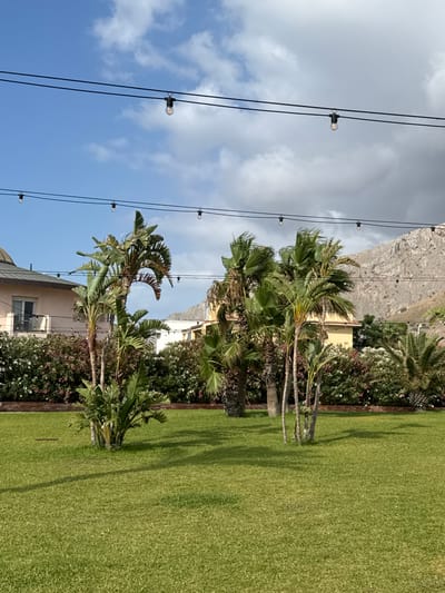 This image captures a sunlit outdoor scene with lush greenery and a bright blue sky. The foreground features a neatly manicured lawn, bordered by dense foliage, including palm trees and flowering bushes. In the background, a rocky mountainside rises steeply, suggesting a Mediterranean landscape. A building, possibly a house or hotel, is partially visible behind the vegetation, with light-colored walls and windows. Overhead, a string of decorative lights hangs across the scene, adding a touch of ambient charm. The overall impression is one of a serene and picturesque location, likely in a warm climate. The time of day appears to be late morning or early afternoon, with bright sunlight casting shadows and illuminating the vibrant colors of the environment. The weather is clear and sunny, with a few scattered clouds in the sky. While there are no people visible, the scene evokes a sense of tranquility and natural beauty. The location is identified as Capaci, Italy.