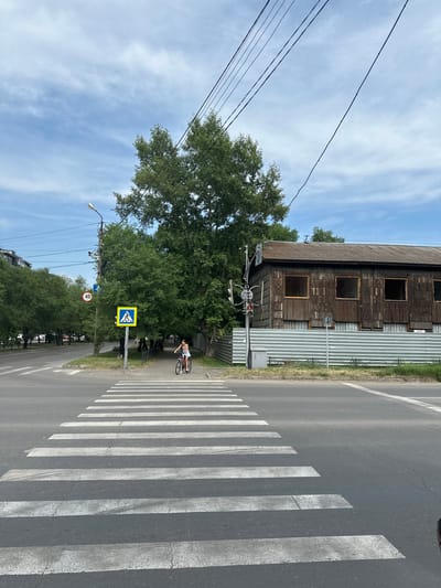 The image shows a street scene in Abakan, Russia. A pedestrian crossing is painted on the asphalt road, with white stripes indicating the safe passage for pedestrians. To the right of the crossing, a person on a bicycle is visible. The bicycle is a child's, and the rider appears to be a young person wearing a light-colored t-shirt and shorts.

Adjacent to the road is a dilapidated wooden building with dark, weathered siding and several empty window openings. A corrugated metal fence runs alongside the building, separating it from the street. Trees with lush green foliage are abundant in the scene, framing the building and the street. A street sign indicating a pedestrian crossing is mounted on a pole. Another traffic sign, a red circle with the number 40 inside, suggests a speed limit of 40 kilometers per hour. Overhead, power lines crisscross the sky, which is blue with scattered white clouds, indicating it's daytime. The overall impression is a somewhat neglected urban area with signs of both ongoing life and decay.