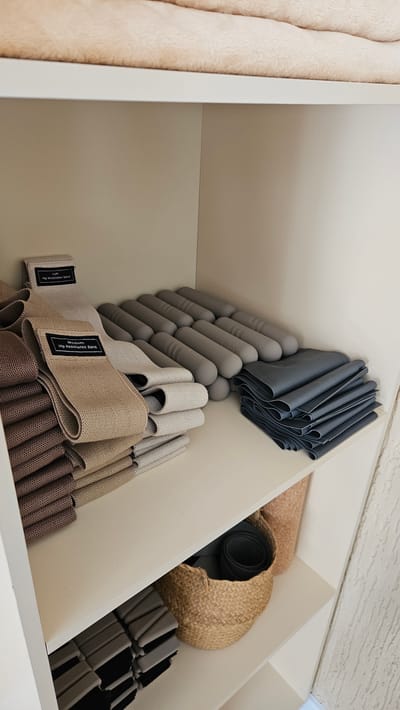 The image shows an organized shelf unit filled with fitness equipment. On the top shelf, there are folded beige and brown fabric resistance bands, with labels indicating "Light Hip Resistance Band" and "Medium Hip Resistance Band". Next to the bands, there are rows of gray cylindrical foam rollers. On the right side of the top shelf, a stack of dark blue folded fabric resistance bands is visible. The middle shelf contains a woven basket filled with rolled-up dark gray resistance bands, and a taller, light brown woven container. The bottom shelf is partially visible and appears to hold more stacked resistance bands. The background is a plain wall. The scene is indoors, within a storage space. There is no visible indication of the city of Vladimir, Russia.