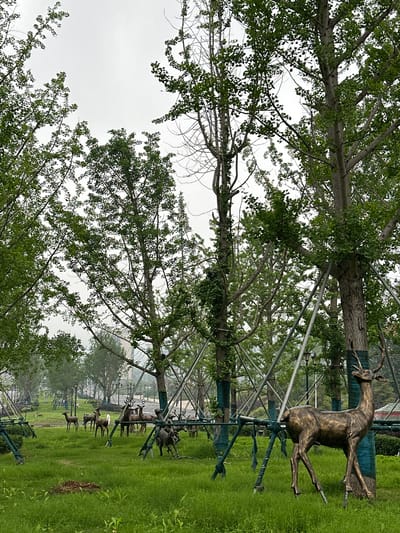 The image depicts a park scene in Shuangfu, China, featuring a collection of bronze deer sculptures. A large, solitary deer sculpture is prominently positioned on the right, seemingly leaping. In the background, a series of smaller deer sculptures are arranged in a line, suggesting a herd. Metal support structures, possibly for climbing plants, are visible throughout the scene. Green grass covers the ground, and trees with dense foliage provide a canopy. The sky is overcast.