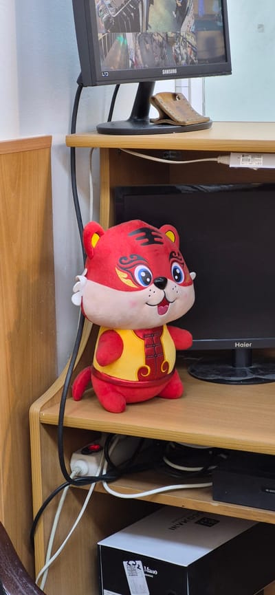 The image shows a stuffed tiger toy with red and yellow coloring, placed on a wooden shelf. Behind the toy, a computer monitor displays a multi-pane screen showing various scenes. Below the monitor, another dark screen is visible, likely a television. Various cables and a power strip with a red illuminated switch are present on the shelf. A cardboard box with "Mano Uomini" printed on it is visible on a lower shelf. The background consists of a light blue wall and a wooden cabinet. The scene is indoors, in what appears to be a room with electronic equipment and storage. The image does not contain information about the city of Ussurijsk, Russia.