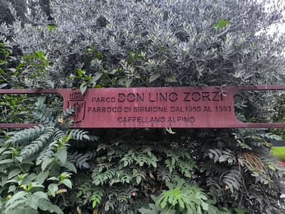 The image shows a close-up of a metal sign embedded in lush green foliage, likely in Sirmione, Italy, given the text on the sign. The sign is a reddish-brown color and appears to be made of rusted metal. It features a crest on the left side, followed by text that reads "PARCO DON LINO ZORZI" on the top line, and "PARROCO DI SIRMIONE DAL 1950 AL 1993" on the second line, and "CAPPELLANO ALPINO" on the third line. The text is cut out of the metal, allowing the background foliage to show through. The foliage is dense and varied, with light green, silvery-green, and dark green leaves. Some of the leaves are long and slender, typical of olive trees, while others are broader and more textured. The overall impression is one of a well-established, natural setting surrounding a historical marker. The lighting suggests it is daytime, possibly overcast, as there are no harsh shadows.
