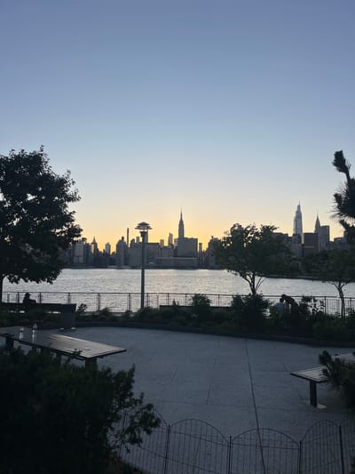 The photograph captures a tranquil scene overlooking the East River in New York City, likely from Brooklyn Bridge Park, facing the Manhattan skyline at dusk. The sky is a gradient of soft blues and yellows, indicating the setting sun. Silhouetted against the horizon are numerous skyscrapers, including the iconic Empire State Building, with the Chrysler Building and One Vanderbilt also recognizable.
In the foreground, a paved plaza area features two picnic tables, one with two water bottles on it. To the left, a large, dark-leaved tree casts a shadow. A person is seated on a bench near the water's edge, further left. To the right, a smaller evergreen tree and more foliage create a natural border. A fence runs along the perimeter of the park area. A lamppost stands prominently near the center of the frame, its distinct shade silhouetted. The water of the East River reflects the soft light of the sky. In the middle ground, a man and a woman are visible near the water, appearing to be in conversation or enjoying the view. The overall atmosphere is peaceful and serene, with the city lights beginning to emerge against the darkening sky.