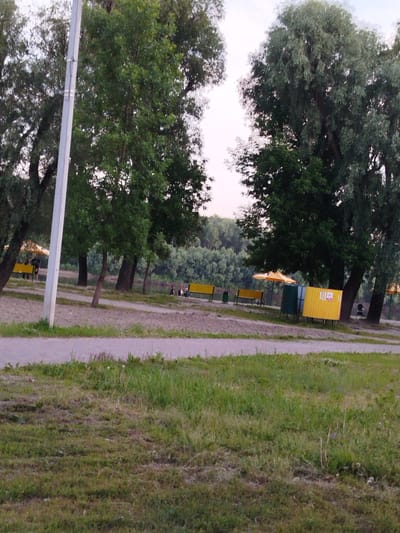 The image depicts a park area with a paved path in the foreground and a sandy area beyond. Several large trees with green foliage are visible, lining the path and the sandy area. On the sandy area, there are yellow benches, a green trash receptacle, and a yellow structure with a white sign. In the background, a body of water is visible, with dense green trees on the opposite bank. The sky is overcast and light. A light pole stands prominently on the left side of the image. In the distance, several people are casually seated or standing near the yellow benches. The scene suggests a public park or recreational area, likely in Chernihiv, Ukraine, given the context of the prompt.