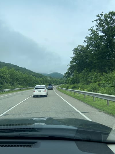 A white Toyota Prius is driving on a two-lane road. The road is surrounded by lush green trees and mountains. The sky is overcast and appears to be a light blue or grey. The car is in the right lane, and other cars are visible ahead and behind it. A metal guardrail runs along the side of the road. The image appears to have been taken from the perspective of someone inside another vehicle. The location is identified as Bamburovo, Russia.
