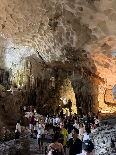 A large group of tourists is visible inside a well-lit cave, likely a popular attraction in Ha Long Ward, Vietnam. The image is taken from a slightly low angle, looking upwards towards the cave ceiling and along a path lined with people.
The cave features dramatic limestone formations. The ceiling on the left side displays a distinct pattern of undulating, smooth, and pocket-like depressions, possibly solution scallops, illuminated with warm, golden light. Towards the right, the cave walls are rugged, characterized by stacked, layered rock formations resembling curtains or cascades, with various stalactites hanging down. Artificial lighting throughout the cave highlights these geological features, casting dramatic shadows and revealing textures.
A steady stream of people, diverse in age and attire, is seen walking along a structured path or boardwalk with railings, suggesting a managed tourist route. Many are looking upwards, observing the cave's grandeur. Several individuals are actively taking photos with their mobile phones. The overall atmosphere appears to be one of exploration and sightseeing.
Notable details include the artificial lighting creating an ambient, otherworldly glow, and the intricate details of the cave's natural rock formations. On a black baseball cap worn by a man in the foreground, the text "ELECTRIC VEHICLE" is partially visible. The scene captures the experience of a cave tour, emphasizing both the natural beauty of the geological formations and the presence of human visitors.