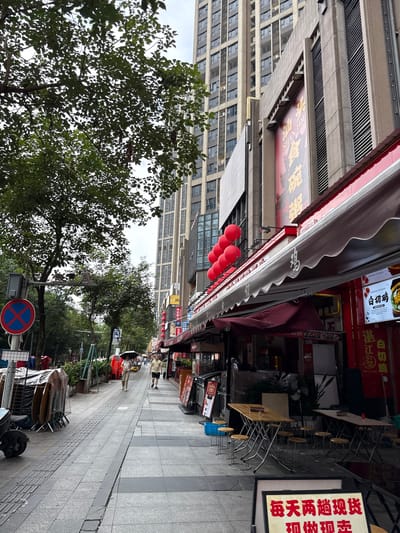 The image depicts a street scene in Haizhu District, China. The street is paved with gray tiles, and on the right side, there are several shops with red awnings. Above the awnings, there is a large red banner with Chinese characters. Red spherical lanterns are hung along the edge of the awnings. Tables and stools are set up outside one of the shops. Further down the street, there are two people walking, one holding an umbrella. On the left side of the street, there is a tall green tree, a traffic light with a "no stopping" sign, and a scooter. In the background, a tall modern building with many windows is visible. The sky is overcast.