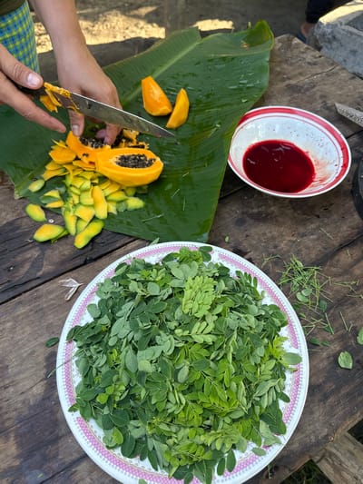 The image depicts an outdoor food preparation scene in Carmen, Philippines, set on a weathered wooden surface. A person's hands, with medium skin tone and wearing a blue and yellow plaid garment, are actively using a metal knife with a dark handle to peel and cut a ripe yellow papaya. The papaya, featuring black seeds in one visible half, is being processed on a large, fresh green banana leaf. Numerous yellow-orange papaya peelings and cut pieces are scattered on the leaf. Adjacent to this activity, a white ceramic bowl with red rim stripes contains a dark red liquid, and red residue is visible along its interior rim. In the foreground and partially extending to the midground, a white plate with a pink and black patterned rim holds a substantial pile of fresh, small green moringa (malunggay) leaves. Some detached moringa leaves and small stems are scattered on the wooden surface near the plate. The background reveals a blurred outdoor environment, including what appears to be a concrete structure and a glimpse of another person's foot in blue footwear.