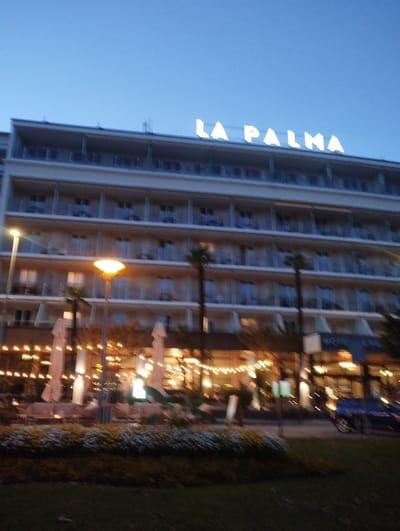 The image captures a hotel in Muralto, Switzerland, under a twilight sky. The hotel, identified by the illuminated sign "LA PALMA" at its rooftop, features a multi-story facade with numerous balconies and windows. The scene is illuminated by streetlights and decorative string lights, creating a warm ambiance. Several palm trees are visible, adding to the tropical feel. In the foreground, there is a meticulously landscaped garden with flowering bushes and grass. A blue car is parked on the street in front of the hotel. The overall impression is one of a serene evening at a well-appointed hotel.