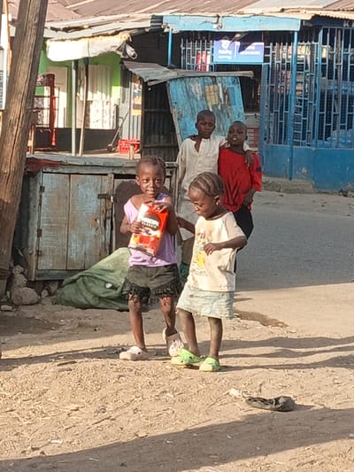The scene depicts four individuals, likely children, in an unpaved, dusty outdoor area within Gwagwarwa, Nigeria. The ground is light brown soil with scattered small debris.
In the foreground, two young females stand facing forward. The girl on the left wears a light purple tank top and a dark, ruffled skirt, with light pink Crocs-style sandals. She holds a red and brown rectangular package, identifiable as "MILO CLASSIC," and looks towards the viewer with a slight smile. Her hair is styled in cornrows. To her right, a shorter girl wears a light-colored t-shirt with a faded graphic and a light blue skirt, with bright green Crocs-style sandals. Her hair is also in cornrows, and she looks downwards and slightly to her right. A single black open-toed sandal lies on the ground in the lower right of the frame.
In the mid-ground, two males stand behind the foreground children. The male on the left wears a light-colored, long-sleeved collared shirt and has his left arm over the shoulders of the male beside him. The male on the right wears a red short-sleeved t-shirt and has his right arm over the shoulders of the male next to him. Both look generally towards the viewer.
The background features several structures. On the far left, a large wooden pole stands vertically. Behind the foreground children, there is a small, weathered wooden structure with two latched panels, resembling a kiosk or storage unit, next to which a dark green tarp or fabric lies on the ground. Further back, a light green painted building is visible. To its right, a blue building with barred windows or a facade displays a sign with "Painting," "Pharmacy," and partially visible numbers. Red plastic crates are stacked in the mid-background. The scene is illuminated by strong sunlight, casting distinct shadows.