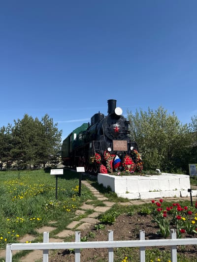 The image shows a black and green steam locomotive, heavily adorned with floral wreaths. A plaque with Cyrillic text is mounted on the front. The locomotive is positioned on a small concrete base, next to a flower bed containing red tulips and yellow flowers. A white metal fence partially encloses the flower bed. A grassy area dotted with yellow dandelions extends away from the locomotive. Trees are visible in the background under a clear blue sky. The location is Balezino, Russia.