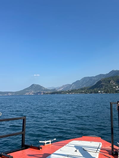 This is a photographic image taken from a boat at sea, looking towards the coast of Šušanj, Montenegro. The foreground features the red deck of the boat with a white hatch and a metal cleat. A black metal railing is visible on the left side. The middle ground is dominated by the deep blue sea with small waves. In the background, a lush green coastline is lined with trees and scattered white buildings, backed by a series of imposing mountains. The sky above is a clear, vibrant blue with a single, small white cloud.