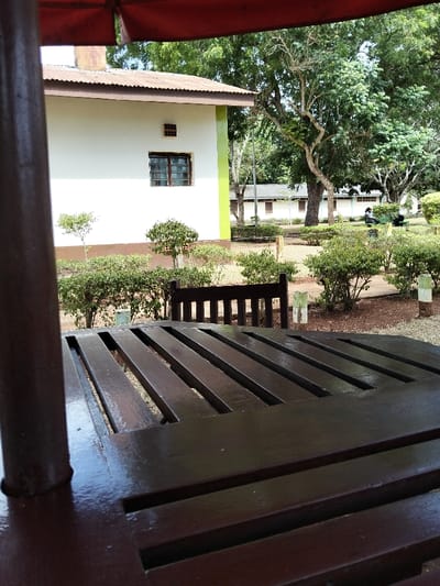 The scene depicts an outdoor common area in Waa Ngombeni ward, Kenya, viewed from a shaded perspective. In the immediate foreground, a dark brown, slatted wooden table occupies the lower right, with a vertical dark brown support pillar on the far left. A red fabric awning is partially visible across the top edge. Behind the table, a dark brown slatted wooden chair back is present.
The mid-ground features a manicured garden area with reddish-brown soil and numerous green, low-lying bushes arranged in rows. A white building with a brown base and a lime-green vertical stripe on its right edge stands prominently on the left. This building has a corrugated metal roof, one visible window with dark frames and horizontal security bars, and a small, square vent near the roofline.
In the background, multiple other single-story white buildings with dark roofs are visible, interspersed among numerous mature trees with green foliage and lighter-colored trunks. A tall, grey lamppost stands between the foreground building and the trees. Two individuals are seated on a low structure or bench in the far background, partially obscured by greenery and distance, their specific actions indistinguishable beyond being seated. The overall environment is an outdoor, well-maintained space under daylight conditions.