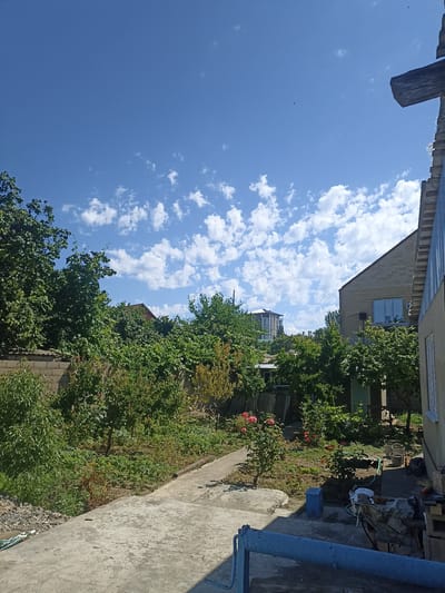 A sunny, cloud-dappled blue sky is visible above a residential area. In the foreground, a concrete pathway leads through a yard filled with lush green trees and bushes. A small rose bush with pink flowers is in bloom. To the right, a light-colored house with a tiled roof and a blue metal roof extension stands adjacent to the yard. In the background, more houses and a modern multi-story building are visible, nestled among the trees and on a hill. The image appears to be a snapshot of a typical summer day in Izberbash, Russia.