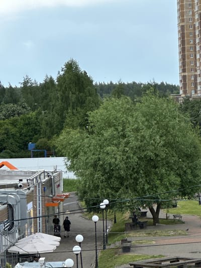 The media file depicts an outdoor scene in Podolsk, Russia, likely during daytime given the natural lighting. The weather appears overcast, with a pale, diffused sky. The image is oriented vertically.
The foreground is dominated by a large, dense tree with lush green foliage, filling a significant portion of the frame. Electrical wires crisscross in front of the tree. In the middle ground, to the right of the tree, there's a paved pathway with a red brick border, running alongside a grassy area. Parked benches are visible in this area. Further to the right, a building with a modern facade and visible windows is present.
In the background, on the far left, a tall residential building with a grid-like pattern of windows and balconies stretches upwards. It appears to be an older apartment block.
Several people are visible in the middle ground, near the pathway and benches. Two individuals are walking, and one is sitting on a bench, all appearing to be casually going about their day. A few lampposts with multiple globe-like lights are also present.
On the far right side of the image, there are elements of urban infrastructure, including pipes, conduits, and what appears to be a white canopy or awning.
The overall impression is of a somewhat cloudy day in a residential area with green spaces and urban structures. The scene is calm and appears to be a typical day in the life of this location. No visible text is present in the image.