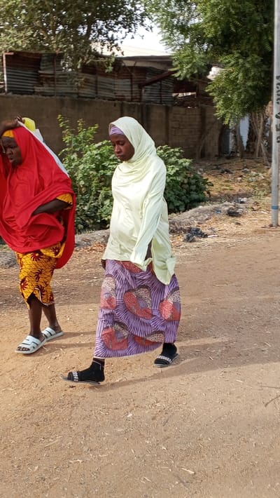Two adult females walk from right to left on an unpaved dirt path in Dakata, Nigeria. The woman on the left wears a bright red head covering and a yellow patterned garment, with white slide sandals on her feet. Her head is partially obscured by the red fabric. The woman on the right wears a pale green head covering over a purple headscarf, a pale green long-sleeved top, and a long purple skirt with a red and orange patterned design. She wears black socks and dark, ornate slide sandals. Her head is angled downwards. In the background, a concrete block wall topped with corrugated metal panels runs across the mid-ground. Green foliage is visible behind and in front of the wall. To the far right, a tree with green leaves and a segment of a light-colored utility pole are present. The ground is light brown earth, uneven in texture.