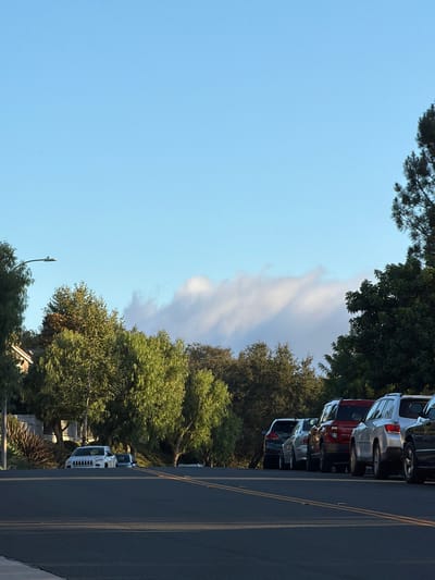 The image depicts a street scene in Aliso Viejo, California, with parked cars lining the right side of the road. The perspective is from the left side of the road, looking towards the parked cars and the sky. The sky is a clear, pale blue, with a thin, wispy cloud formation stretching across the upper half of the image. Sunlight suggests it is daytime, likely late afternoon or early morning, given the softness of the light and the long shadows cast by the trees.
A line of various vehicles is parked along the curb, including SUVs and a white truck. The cars are facing away from the camera, suggesting they are parked along a one-way street or in a parking lot adjacent to the road. Lush green trees and foliage are visible behind the parked cars, with some branches extending into the upper portion of the frame. The road itself is paved and marked with yellow lines. A streetlight is visible in the lower left quadrant of the image, emerging from the trees. The overall atmosphere is peaceful and suburban. No people are visible in the image.